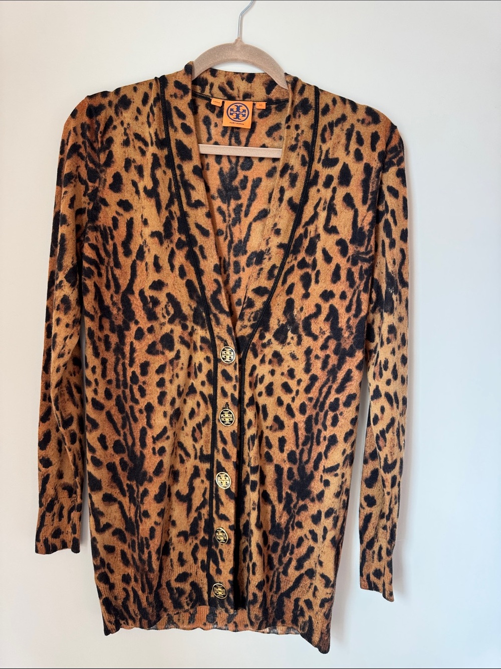 Tory Burch Leopard-Print Cardigan — Black & Tan